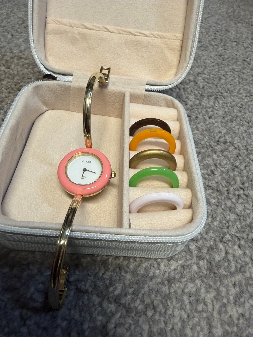 Gucci Gold Bangle Watch with Pink Bezel and Interchangeable Color Rings